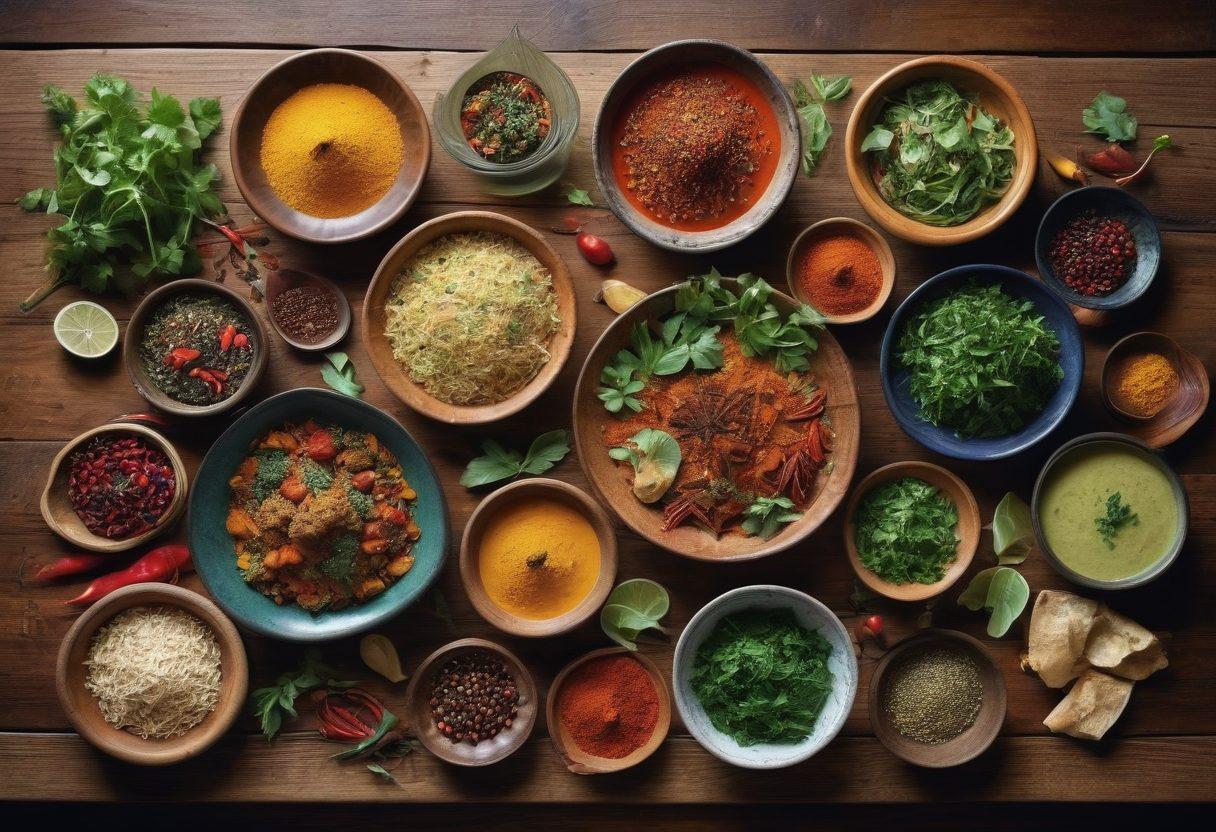 A vibrant tableau showcasing a diverse array of traditional dishes from various cultures, elegantly arranged on rustic wooden tables. Include colorful spices in decorative bowls, herbs like basil and cilantro, and ethnic cooking utensils. The background should feature a faint map highlighting different culinary regions around the world. The composition should evoke warmth, nostalgia, and a sense of heritage and creativity. super-realistic. vibrant colors. 3D effect.