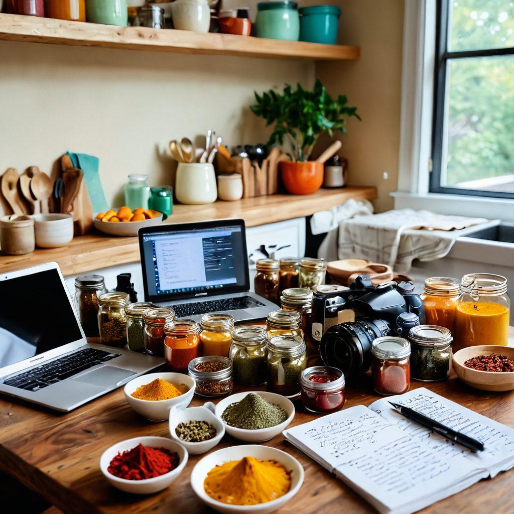 A vibrant kitchen scene filled with colorful spices in jars, a well-used wooden table scattered with food blogging tools like a camera, notepad, and a laptop. In the background, glimpses of beautifully styled dishes can be seen, alongside handwritten recipe cards, conveying the story behind each meal. Warm, inviting lighting enhances the cozy atmosphere. super-realistic. vibrant colors. warm tones.