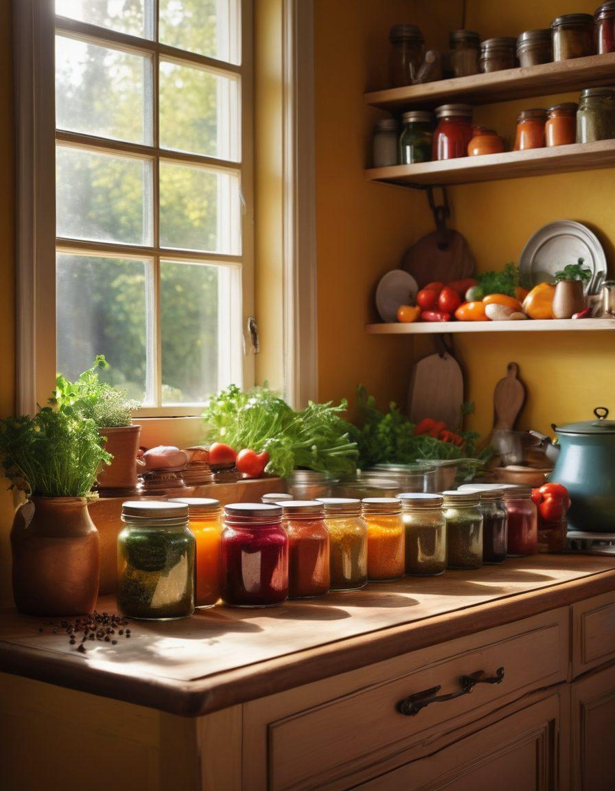 A whimsical kitchen scene filled with vibrant spices in colorful jars, fresh ingredients like herbs and vegetables scattered on a wooden countertop, a vintage cookbook opened to pages of creative recipes, and a steaming pot on the stove emitting fragrant aromas. The background features a soft-focus window with sunlight streaming in, illuminating the warm ambiance. super-realistic. vibrant colors. cozy atmosphere.